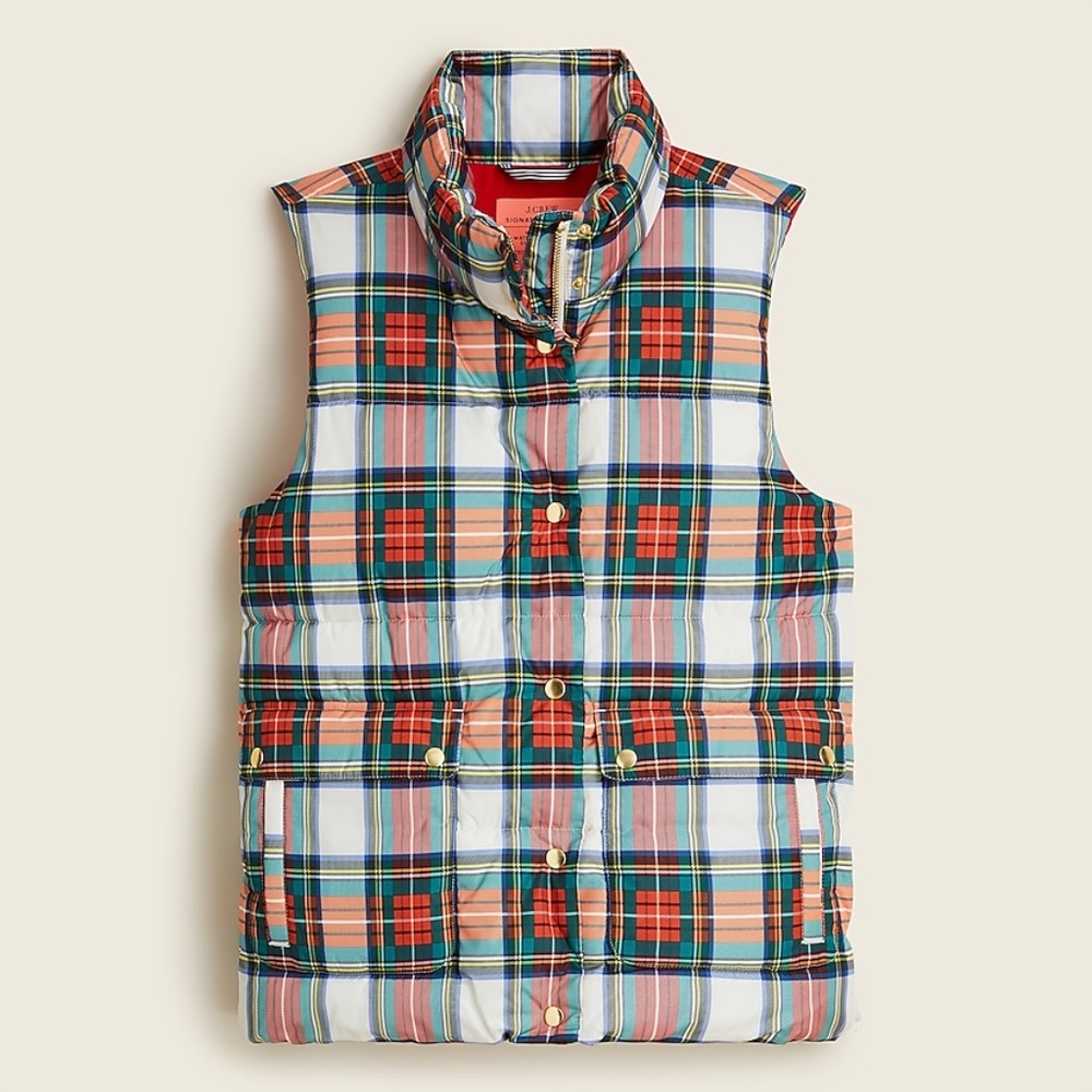J. Crew Snowy Stewart Tartan Puffer Vest with PrimaSoft (XL)